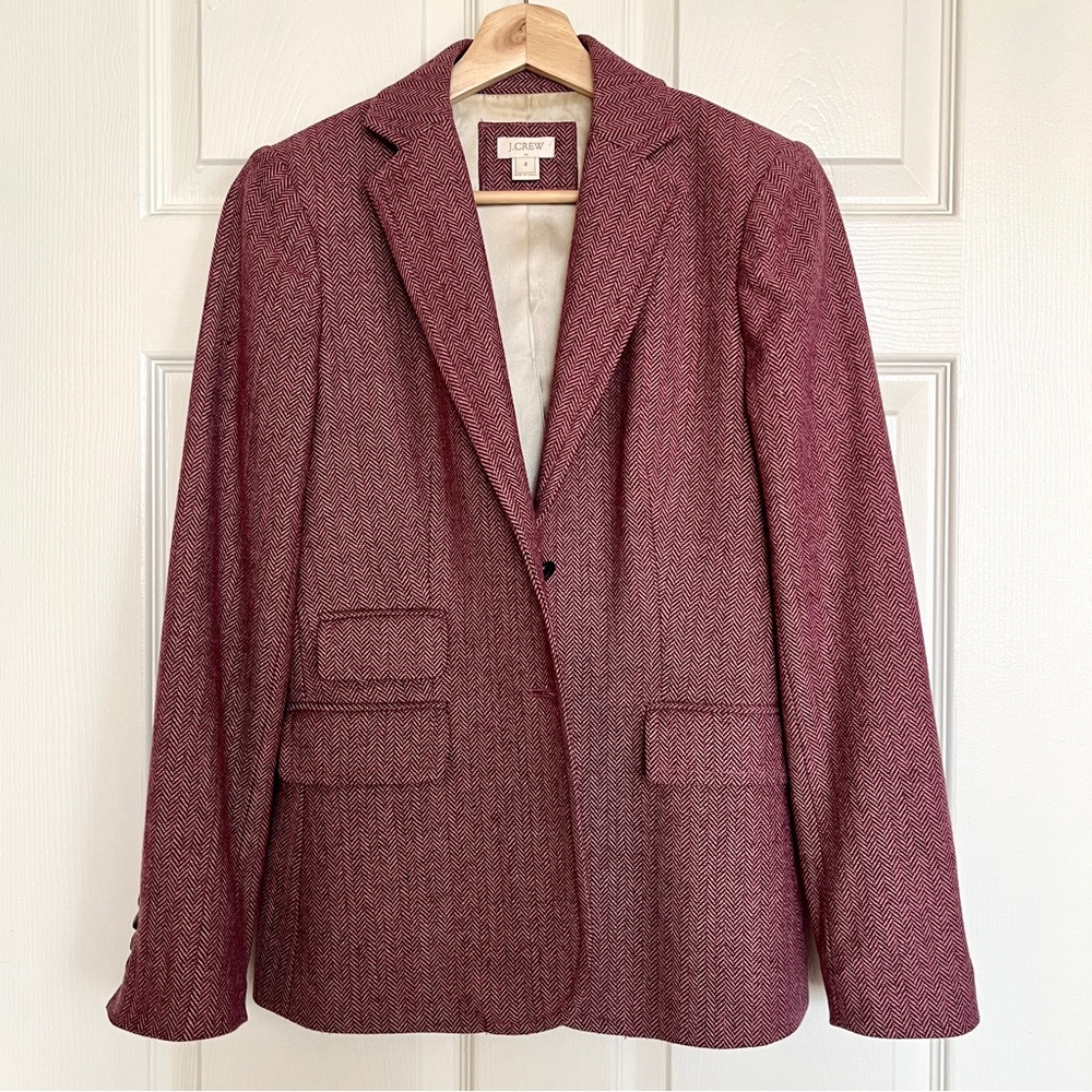 J. Crew pink herringbone blazer with elbow patches